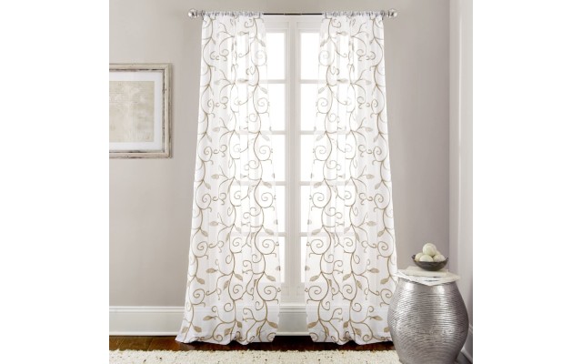 Modern Threads 37×84 inch Embroidered Sheer Leaf Panel Curtains, Standard, White/Taupe, Includes 2 Panels
