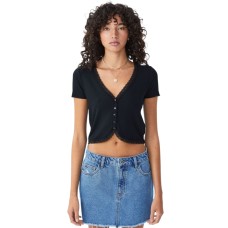 Cotton On Women’s Courtney Lace Trim Button Down Short Sleeve Top, Black, XS
