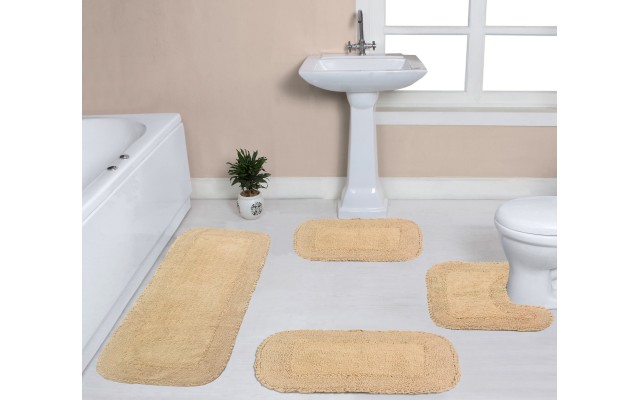  Radiant Collection 100% Cotton Non-Slip Bathroom Rug Set, Machine Washable Bath Rug, 4 Piece Bath Mat Set with Runner – Beige