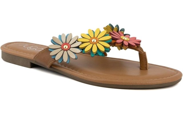  Women’s Vegan Leather Flip Flops with Embellished Floral Design – Dressy Thong Sandals, Perfect for Casual, Beach or Pool Wear 7M, Sunburst Floral