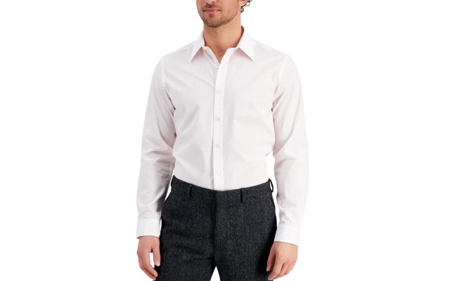  Men’s Slim Fit Striped Dress Shirt Pink Stripe L 16-16 1/2