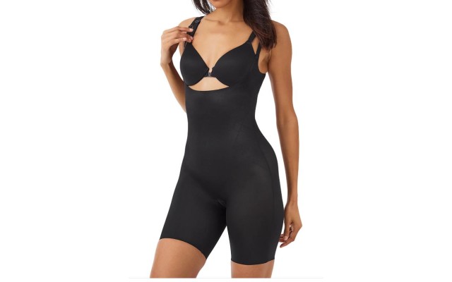  Thinstincts 2.0 Open Bust Mid Thigh Bodysuit, Black, XSmall