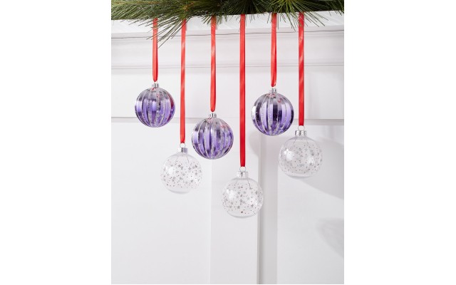  Royal Holiday Set of 6 Shatterproof Purple & Clear Decorated Ball Ornament