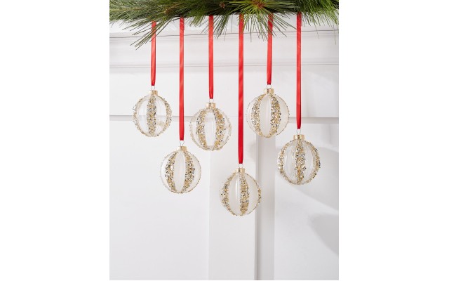  Shine Bright Set of 6 White & Gold-Tone Shatterproof Striped Ball Ornament