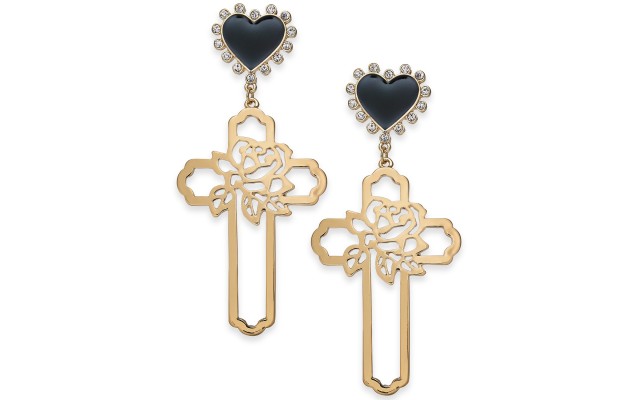 Gold-Tone Rose-Cross & Heart Stud Drop Earrings, Black Gold-Tone Rose-Cross & Heart Stud Drop Earrings, Black