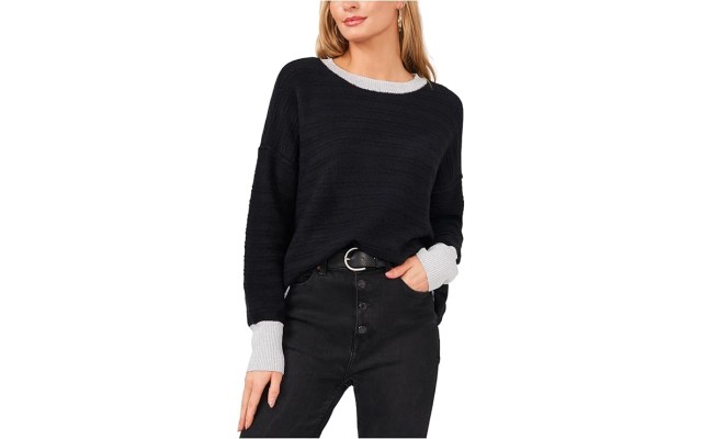 Womens Edged Crewneck Sweater, Black, M Womens Edged Crewneck Sweater, Black, M