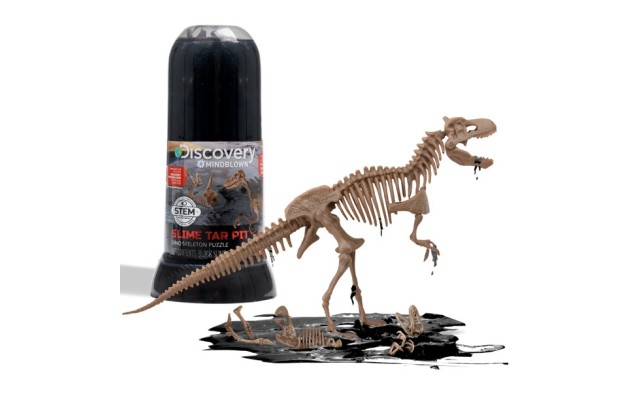 Discovery Mindblown Toy Dino Skeleton Tar Pit Model Uncover Bones in Slime Tube, DIY 10-Piece Velociraptor Puzzle
