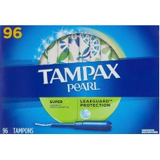 Tampax Pearl Tampons Super Absorbency with BPA-Free Plastic Applicator and LeakGuard Braid, Unscented, 96 Count